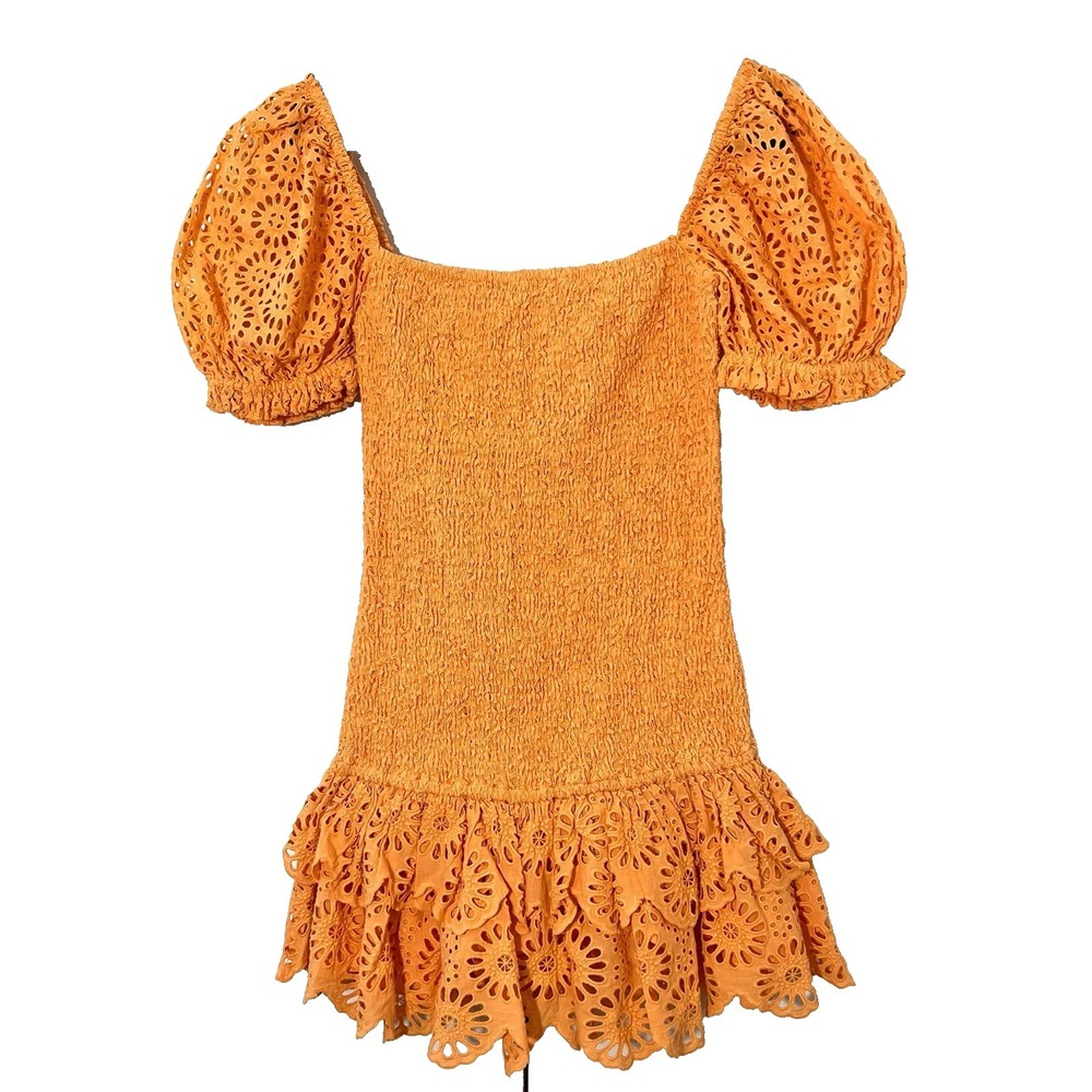 Significant Other Boho Mini Dress Orange Eyelet Smocked Puff Sleeve Resort 2